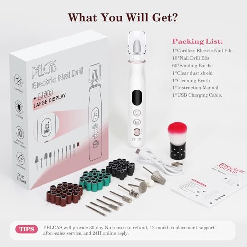PELCAS Electric Nail File, 10 Speeds Cordless Nail Drill with LED Light, Portable Manicure and Pedicure Kit, Nail Grinder with LCD Screen for Human, Pet, Thick Toenails, Natural & Acrylic Nails