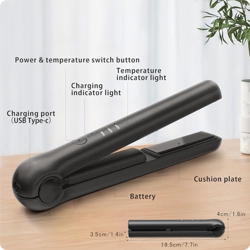 Cordless Hair Straightener Portable Travel Rechargeable Flat Iron, Fast Heating,Adjustable Temperature for Professional Straightening & Curling,Portable and Travel-Friendly (Black)