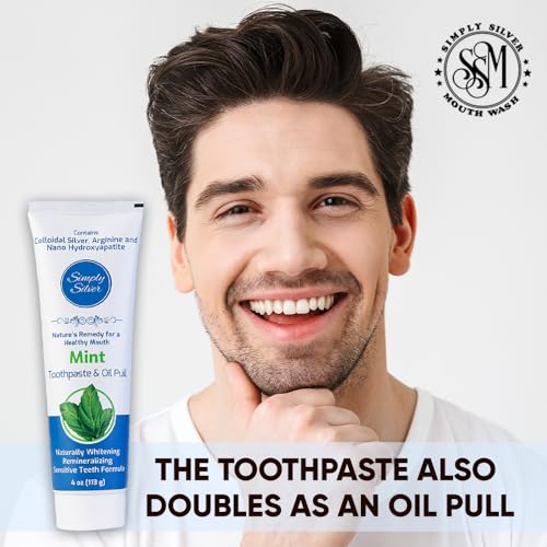 Simply Silver Toothpaste - Nano Hydroxyapatite & Colloidal Silver Natural Toothpaste & Oil Pull, Fluoride Free, Remineralizing & Sensitive Teeth New Formula, 4 oz (Mint)