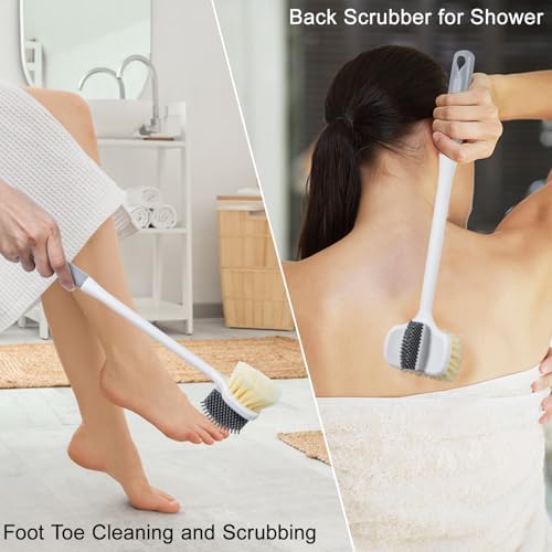 Foot Scrubber Toe Cleaning Brush, 3 Pack Shower Foot Scrubber with Long Handle, Double-Sided Silicone and Soft Bristle Brush for Skin Exfoliation, Seniors, Adults, Grey Purple Green