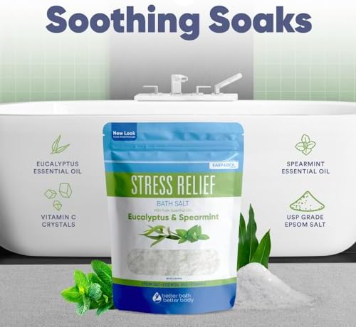 Stress Relief Bath Salt 32 Ounces (2 Lbs) USP Grade Epsom Salt with Natural Spearmint and Eucalyptus Essential Oils Plus Vitamin C in BPA Free Pouch with Easy Press Lock Seal Made in USA