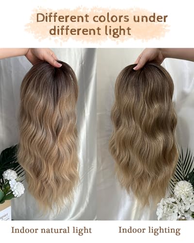PANEWAY Hair Topper 16Inch Hair Toppers For Women Wavy Curly Brown Blonde with Dark Root Clip In Hair Topper Add Hair Volume Synthetic Wiglets Hair Pieces For Women