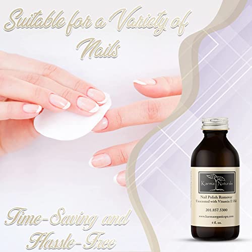 Karma Organic Natural Nail Polish Remover Unscented with Vitamin E Oil - Non Toxic, Vegan, Cruelty Free, Acetone free – Nails Strengthener for Fingernails – 4 fl. Oz.