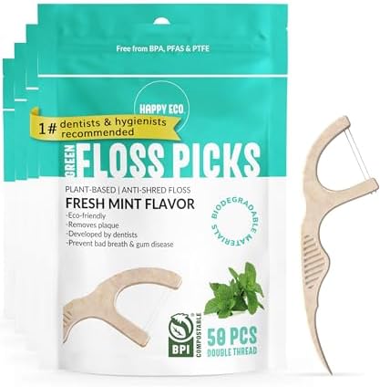 Floss Picks Biodegradable (200pcs) - Plant Based Dental Floss Picks, Natural Flossers for Adults & Kids, Nontoxic Vegan Tooth Pick Flossers & Floss Sticks - Double Thread Mint