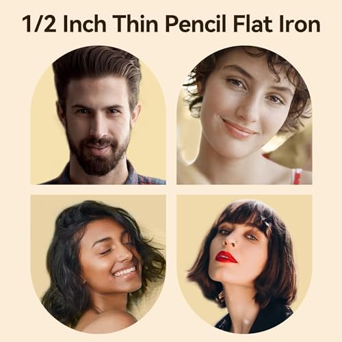 Small Flat Iron 1/2 inch Pencil Flat Iron for Edge, Short Hair, Pixie Cut and Bangs, French bob Iron for Edges with Anti-Pinch Design,with Anion Function-Dual Voltage for Travel (White)