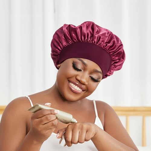 Satin Bonnet Silk Hair Bonnet for Sleeping Women Men Night Cap Sleep Bonnet Hat Hair Cap 9 Pack with Wide Band, Burgundy