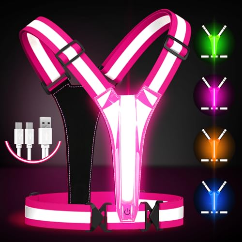 Fokia Kunbio LED Reflective Running Vest Gear,Light Up Vest Runners Night Walking USB Rechargeable,Up to 11hrs Light with Adjustable Waist/Shoulder for Women Men Kids (Pink)
