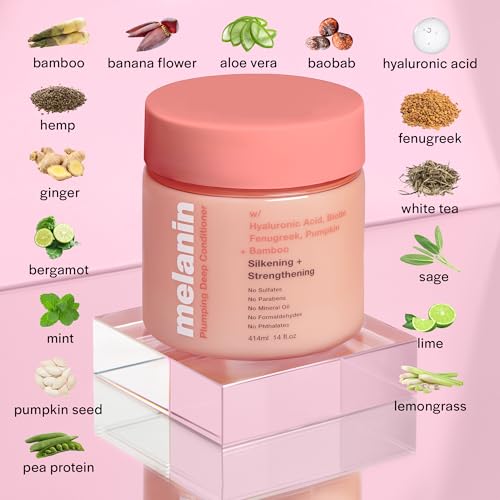 Melanin Haircare Plumping Deep Conditioner, 14oz, Moisturizing Hair Mask with Hyaluronic Acid and Biotin