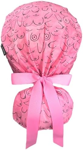 Scrub Cap for Women and Men, Ponytail Scrub Caps, Working Hat, Head Cover with Ribbon Ties and Buttons, Long Hair