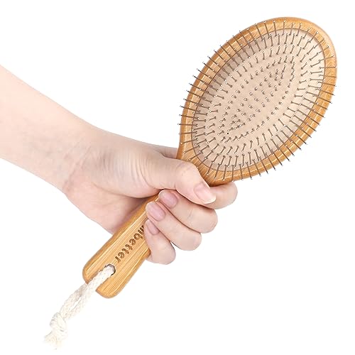 Bamboo Hair Brush, Smoothing Hair & Massage Scalp, Detangling Anti-Static Hairbrush, Natural Wood Brush with Metal Bristles for Women, Men & Children