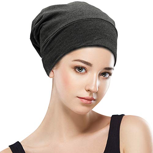 Silk Satin Lined Bonnet Sleep Cap - Adjustable Stay on All Night Hair Wrap Cover Slouchy Beanie for Curly Hair Protection for Women and Men - Black & Dark Grey