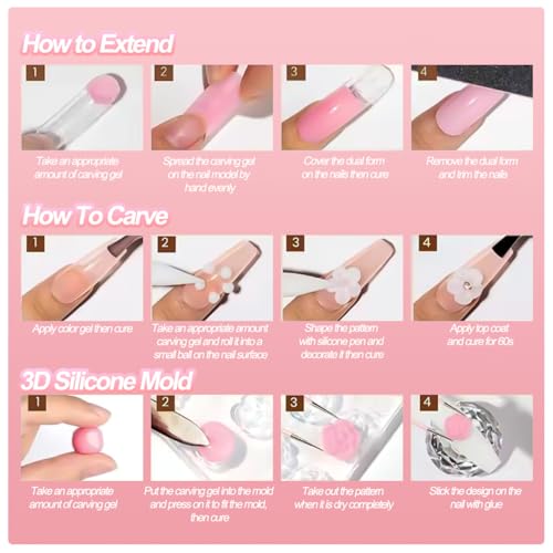 Solid Builder Gel for Nails,4 Colors Non-Sticky 3D Nail Sculpting Gel for Nail Art Flower Carving Modeling Design Hard Gels Nail Extension Glue with 3D Silicone Mold for Manicure Salon or Home DIY