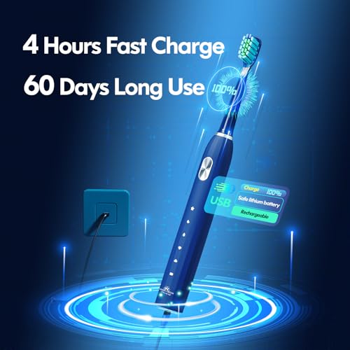 DADA-TECH Electric Toothbrush for Adults Kids Electric Toothbrush Rechargeable Sonic Toothbrush Ultrasonic Toothbrush with Timer, 9 Brush Heads, 5 Cleaning Modes 4-Hour Charge Lasts 60 Days (Blue)