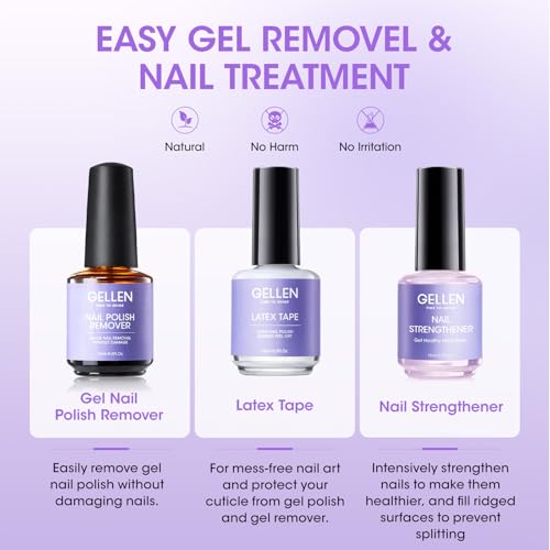 Gellen Gel Polish Remover Kit for Nails, 3-5 minutes Easy Quick Removal with Peel Off Liquid Latex Tape and Nail Strengthener Serum Repair Nourishing Thin Nails, No Need for Wrapping or Soaking