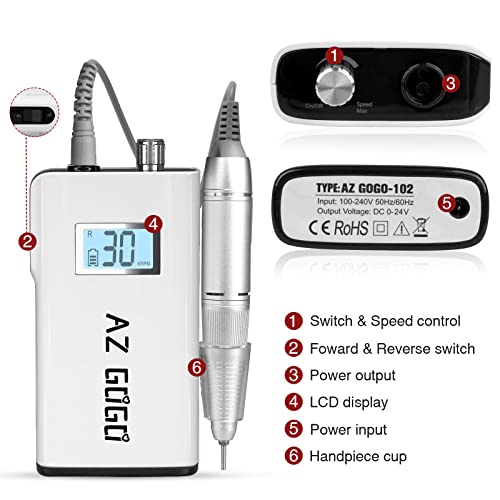 AZ GOGO Nail Drill Machine, 30000RPM Rechargeable Professional Portable Nail Drills for Acrylic Gel Nails - Salon Home Use (White)