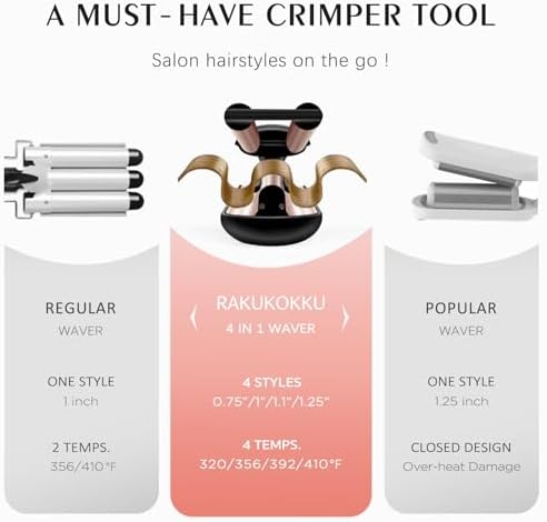 Crimper Hair Tool with 3 Ceramic Barrels, Beach Waves Curling Iron 3/4 & 1 & 1 1/4 Inch, Deep Waver with 4 Heat Settings, Adjustable Curling Wand for Long Hair Women, Dual Voltage