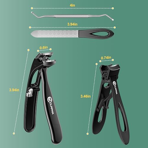 Nail Clippers for Seniors, CLPPNA Wide Jaw Fingernail Clippers and Angled Head Toenail Clippers for Thick Nail, 4 Pack Professional Nail Clippers for Men, Women&Pregnant, Black