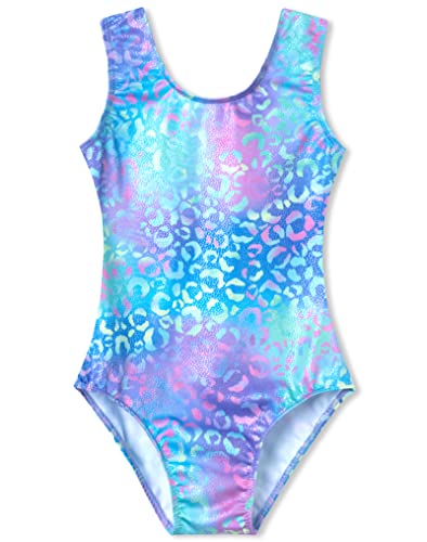 Domusgo Gymnastics Leotards for Girls 5-6 Years Old Green Purple Leopard Sparkly One Piece Tumbling Outfits