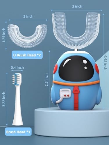 FTOYIN Kids Electric Toothbrush with 3 Brush Heads, U Shaped Ultrasonic Toothbrush Kids with 5 Modes, 45s Smart Reminder, 360-Degree Automatic Cleaning, IPX7 Waterproof Design