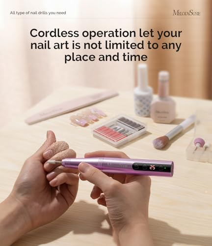 MelodySusie Cordless Electric Nail Drill, Portable Cordless Rechargeable Nail File Kit for Acrylic & Gel Nails, 25000RPM Professional Efile Set for Manicure Pedicure Polishing, PC180F Purple