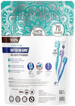 GuruNanda Ready-to-Go Disposable Mini Travel Toothbrushes - Butter on Gums Softex Bristles, Pre-Pasted Toothbrush & Toothpick - Fluoride-Free, No Rinsing Needed, 70 Ct