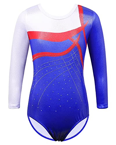 BAOHULU Gymnastics Leotard for Girls Shiny Practice Dancewear B272_RedWhiteBlue_5A