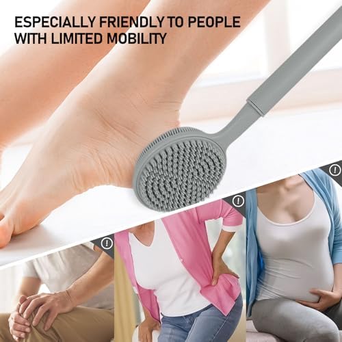 Back Scrubber for Shower, (16-24 Inch) Extendable Bath Brush Long Handle for Shower, Silicone Body Scrubber with Handle, Back Brush for Shower Men and Women,Easy to Clean (Gray)