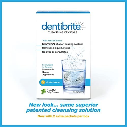 Crystals Cleaner for Removable Dental Appliances - Invisalign Aligners, Retainers, Guards, Dentures, Trays/Aligners - Odor Remover - No Persulfates or Dyes - 30ct - Made in USA