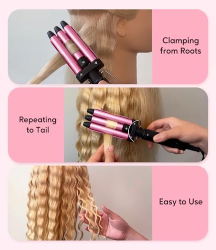 Mini Crimper for Short Hair 1/2 Inch, Small Beach Waves Tool, 3 Barrel Waver With Argan Oil Infused, Easy to Use Curling Iron