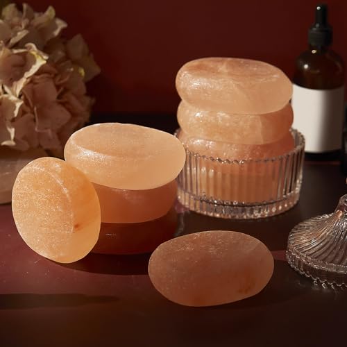6 Pcs Flat Oval Massage Stone 3.5 x 1 x 2.6 Crystal Hand Carved Stone for Massage Therapy Himalayan Salt Massage Rocks Natural Pink Heated Warmer Stone for Spa Massage Salt and Sugar