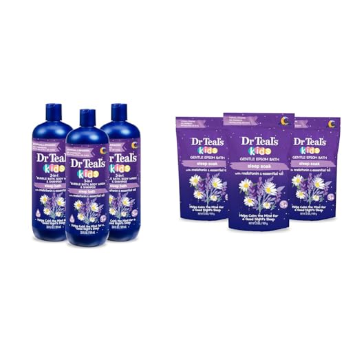 Dr Teal's Kids 3-in-1 Sleep Bath (Pack of 3) & Gentle Epsom Salt Sleep Soak with Melatonin & Essential Oil Blend (Pack of 3) Bundle