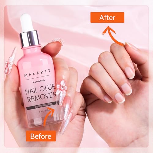 Makartt Press on Nail Glue Remover: 50ML Quick Glue Debonder | Easy Removal with a Dropper Applicator | Updated Formula with Vitamin E | No Acetone/Hema | For Fake Nails,Semicure Stickers,Large