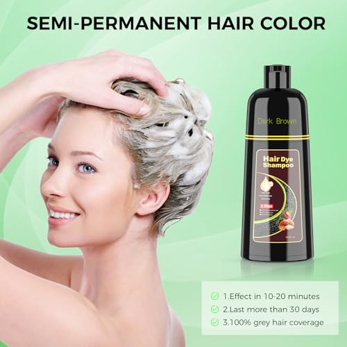 Dark Brown Hair Dye Shampoo for Woman & Man, Argan Hair Color Shampoo 3 in 1, Semi-Permanent Gray Hair Coverage, Mild Formula, Lasts 30 Days(16.90 oz)