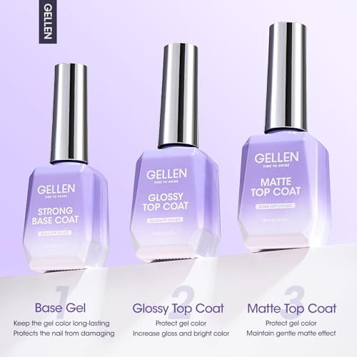Gellen Gel Top Coat, 18ml 3pc Gel Base and Top Coat Matte and Glossy Top Coat for Gel Nail Polish,No Wipe Clear Gel Top Coat Gel Base Coat Nail Polish Soak Off UV Lamp Gel Polish Set for Starter