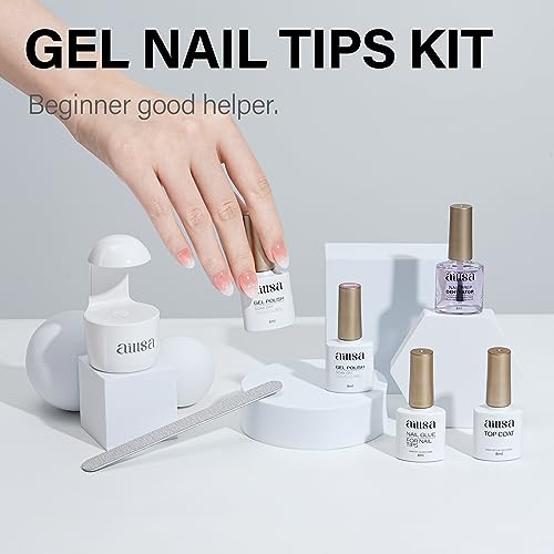 AILLSA Gel Nail Kit Short Almond Nail Tips 240pcs with 2 In 1 Nail Glue Base Coat and Nail Dehydrator, Gel Full Nail Kit with Nail Lamp Top Coat for Starters Home Salon Valentine's Day