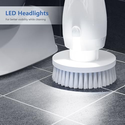 Electric Spin Scrubber, Cleaning Brush with 8 Brush Heads, IPX7 Waterproof LED Display, Adjustable Extension Handle Shower Scrubber for Bathroom Floor Tub Tile (White)