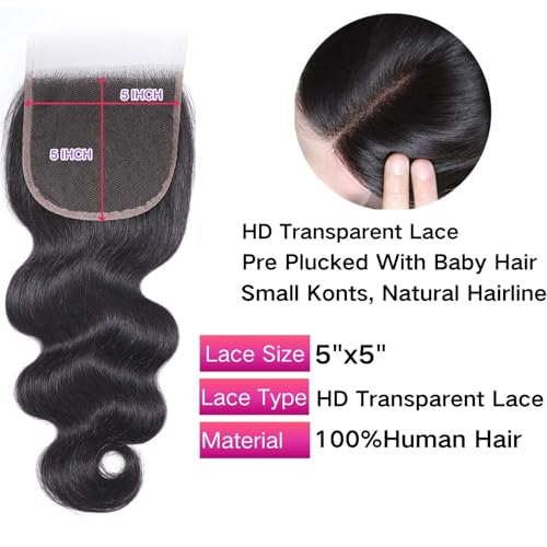 5x5 Hd Lace Closure Human Hair Hd Closure Body Wave Closure 12A Virgin Remy Human Hair for Black Women 5x5 Transparent Lace Frontal Closures Pre Plucked Natural Black 12 Inch