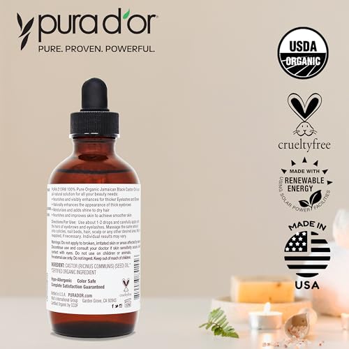PURA D'OR 4 Oz ORGANIC Jamaican Black Castor Oil - Natural Smoky Scent - w/ 2 BONUS Empty Brushes - 100% Pure USDA Certified Cold Pressed & Roasted, Hexane Free Eyelash & Eyebrow Serum
