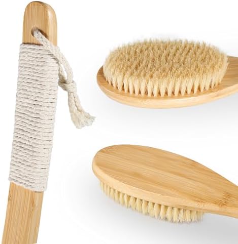 Bath Body Brush Shower, 22" Super Long Curved Bamboo Handle Antiskid Back Body Scrubber Wet/Dry Brushing, Moderately Soft Natural Bristle Body Brush for Showering