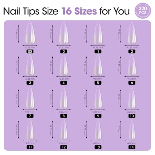 Gellen Long Almond Tipex Nail Tips, 320pcs Instant Apex Nail Tips, 16 Sizes Pre-builder Gel Tips Long Stiletto Almond Strong Full Cover False Nail Tips Gel Extension Tips for Flat Nails