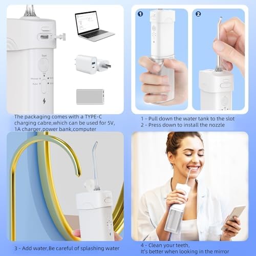 Portable Cordless Water Dental Flosser,Travel Size Collapsible Storage 5 Modes, 200 ML Telescopic Water Teeth Cleaner Pick, IPX 7 Waterproof Rechargeable,5 Jet Tips 360°Rotation (White)