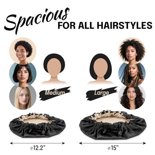 Silk Satin Bonnet for Sleeping Women - Hair Bonnet for Curly Frizzy Hair Care, Adjustable Sleep Cap, Double Layer Head Hair Wrap, Black