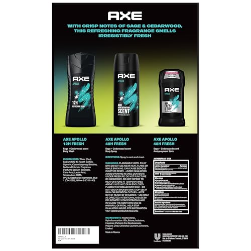 AXE Apollo Body Care Gift Set – Men’s Body Wash, Body Spray & Deodorant Set, Sage and Cedarwood (3 Piece Set)