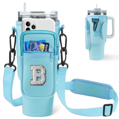 Aganmi Initial Water Bottle Carrier Bag with Phone Pocket for Stanley 40Oz Cup Accessories,Water Bottle Holder with Shoulder Strap Christmas Birthday Gifts for Family Friend Girlfriend (Cream T)