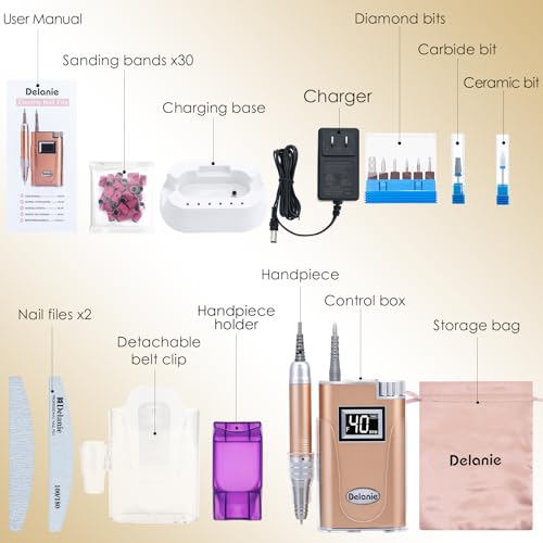 Delanie 2 in 1 Nail Drill with Charging Stand Carbide Ceramic Bits, 40000 RPM Rechargeable Electric Nail File Filer, Gold
