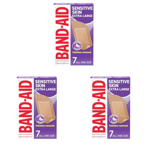 Band-Aid Brand Adhesive Bandages for Sensitive Skin, Hypoallergenic First Aid Bandages with Painless Removal, Stays on When Wet & Suitable for Eczema Prone Skin, Extra Large Size, 7 ct (Pack of 3)