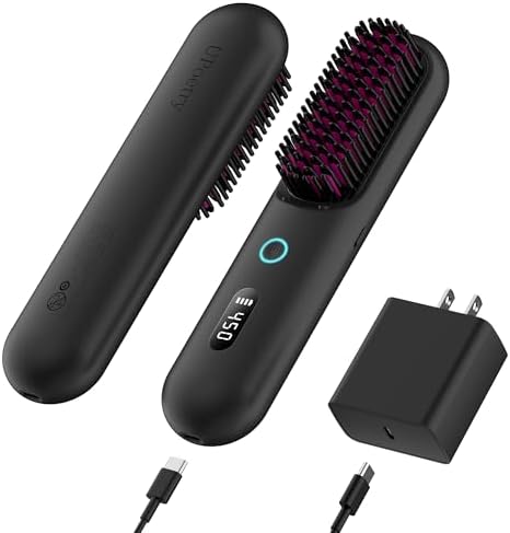 Cordless Hair Straightener Brush – Portable Ionic Hot Comb with 65W Fast Charger, Mini Travel Hair Straightening Brush for Women, Lightweight for On-The-Go Styling (Black)