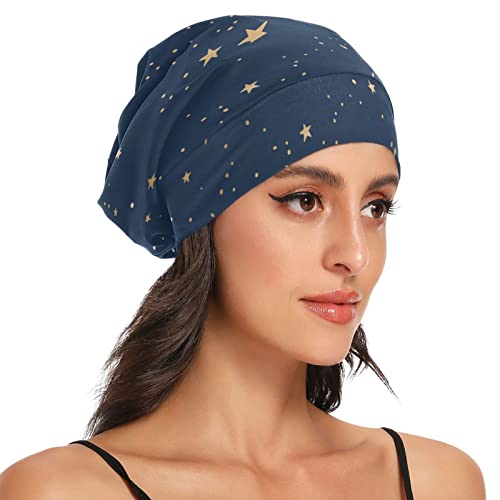 Satin Bonnet Lined Sleep Cap Hair Wrap Cover Slouchy Beanie for Curly Hair Protection for Gifts for Men Women Dark Blue Stars