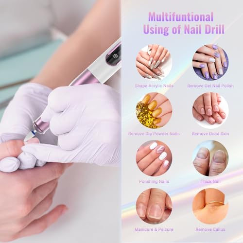 Nail Drill Cordless, Electric Nail File 12 in 1 with LED Display, Nail Drill Machine Professional Portable Rechargeable E File for Gel Acrylic Manicure Pedicure Set with 5 Speeds Purple