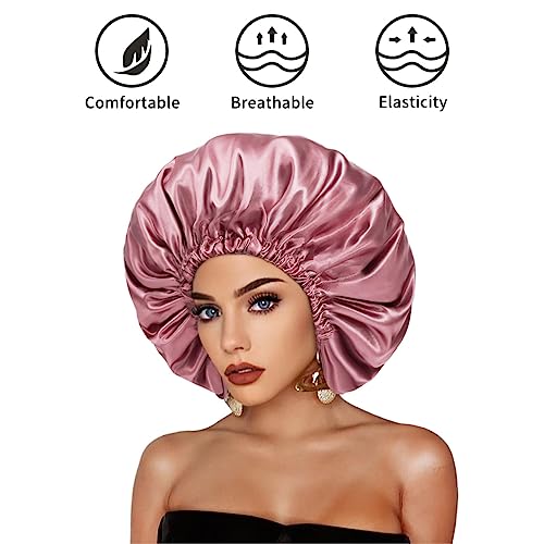 Satin Bonnet Silk Hair Cap: 2pcs Double Layer Reversible Extra Large Jumbo Adjustable Satin Lined Stainless Oversized Bonnets Sleep Night Cap No Slip-Off for Women Braids Sleeping (Black+Rosegold)
